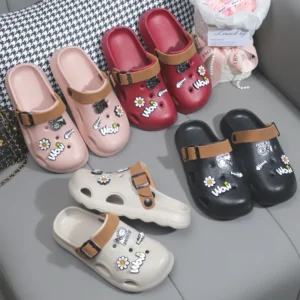 Womens EVA Hole Shoes Anti-Slip Thick Sole Slippers with Outer Decorated Elements Two-Wearing Summer Beach Cave Clogs